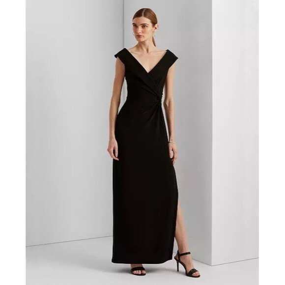 Lauren Ralph Lauren Column Gown Size 12 Black Off Shoulder Side Slit Dress NEW - Picture 1 of 14